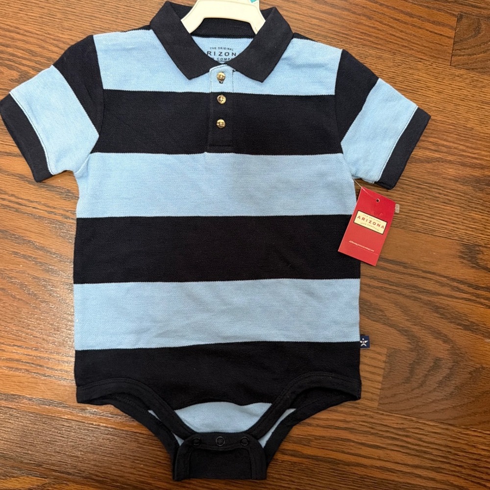 Arizona Jean Company Boys Navy Blue Light Blue Striped Polo Bodysuit 24M NWT